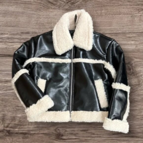 Black and Cream Women's Shearling Jacket - Picture 1 of 4